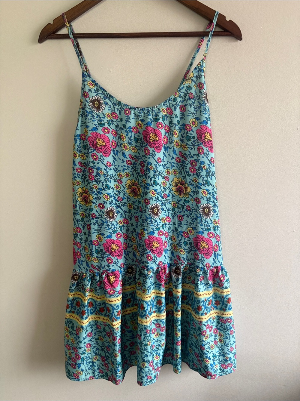 Blue Floral Babydoll Sundress XL Boho Cottagecore Spaghetti Strap Mini Dress